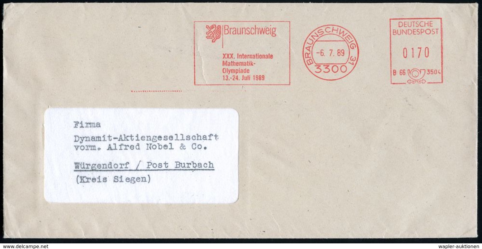 3300 BRAUNSCHWEIG 31/ B66 3504/ XXX.Internat./ Mathematik-/ Olympiade 1989 (6.7.) Seltener AFS Klar Auf Kommunalbf. (Dü. - Unclassified