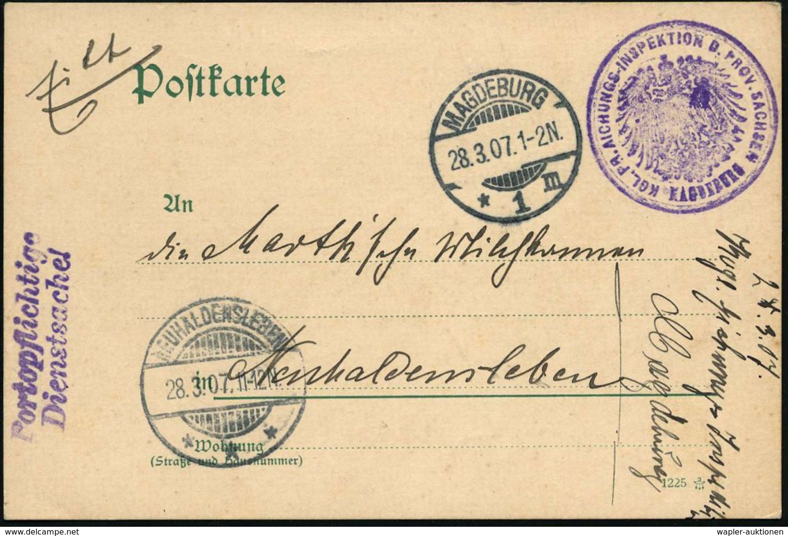 MAGDEBURG/ *1m 1907 (28.3.) 1K-Gitter + Viol. 2K-HdN: KGL. PR. AICHUNGS-INSPEKTION D. PROV. SACHSEN.. (Brustschild-Adler - Non Classés