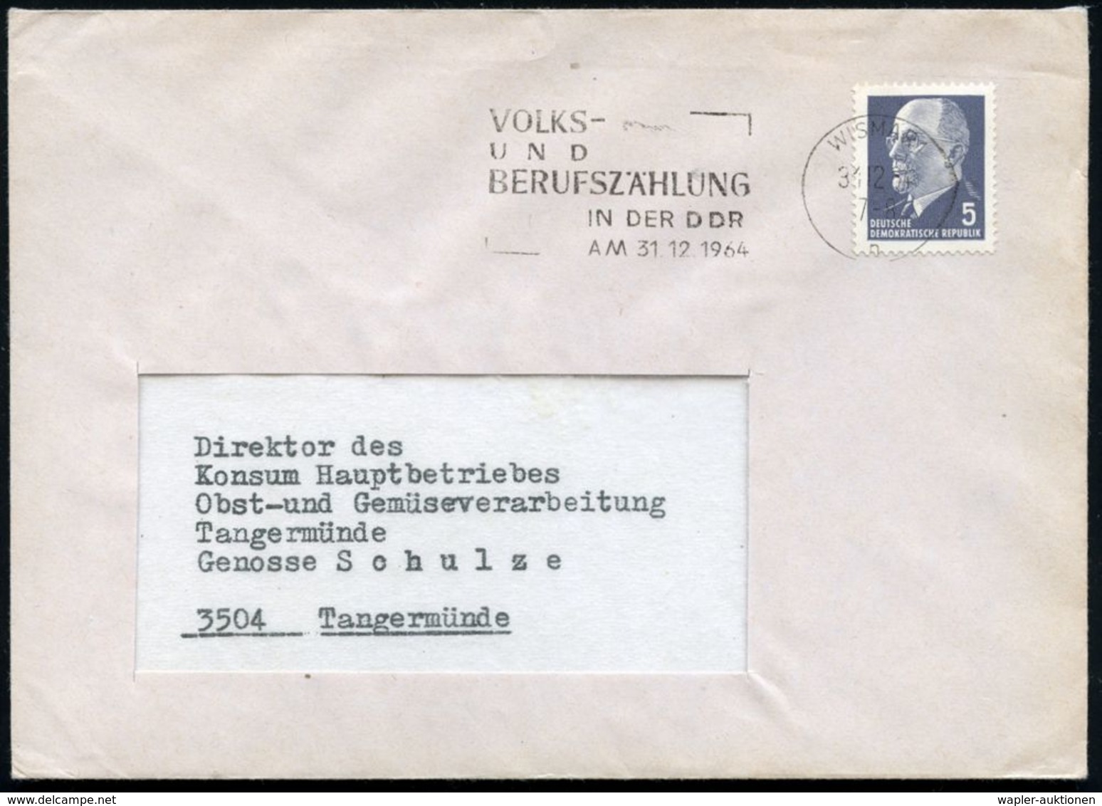 WISMAR 1/ N/ VOLKS-/ UND/ BERUFSZÄHLUNG/ IN DER DDR.. 1964 (31.12.) Seltener MWSt Klar Auf Inl.-Bf. (Bo.S 1162 A, Nur 1  - Non Classés