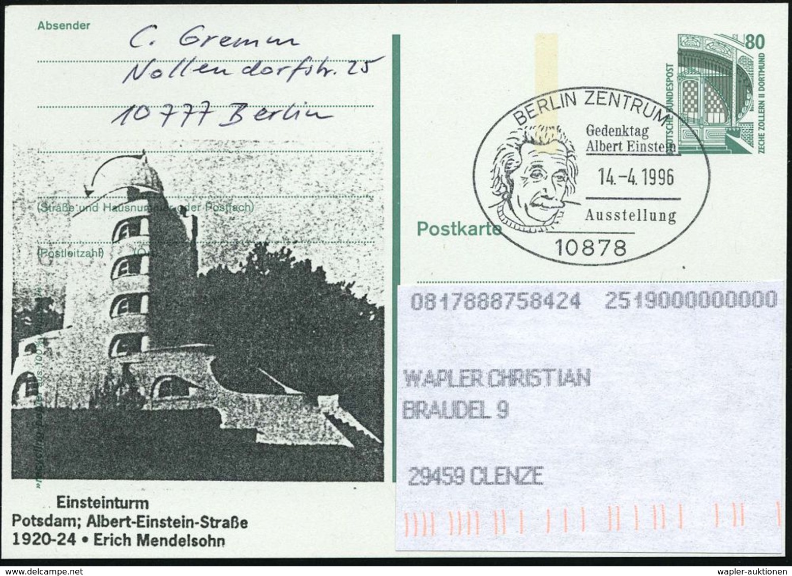 10878 BERLIN-ZENTRUM/ Gedenktag/ Albert Einstein/ Ausstellung 1996 (14.4.) SSt = Kopfbild Einstein Auf Amtl. P 80 Pf. Ze - Non Classés