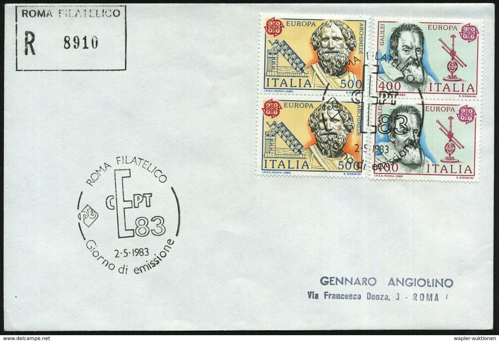 ITALIEN 1983 (2.5.) 400 L. G. Galilei U. 500 L. Archimedes, Kompl. Satz In  P A A R E N (= CEPT) + R-Stpl. (ROMA), Inl.- - Non Classés