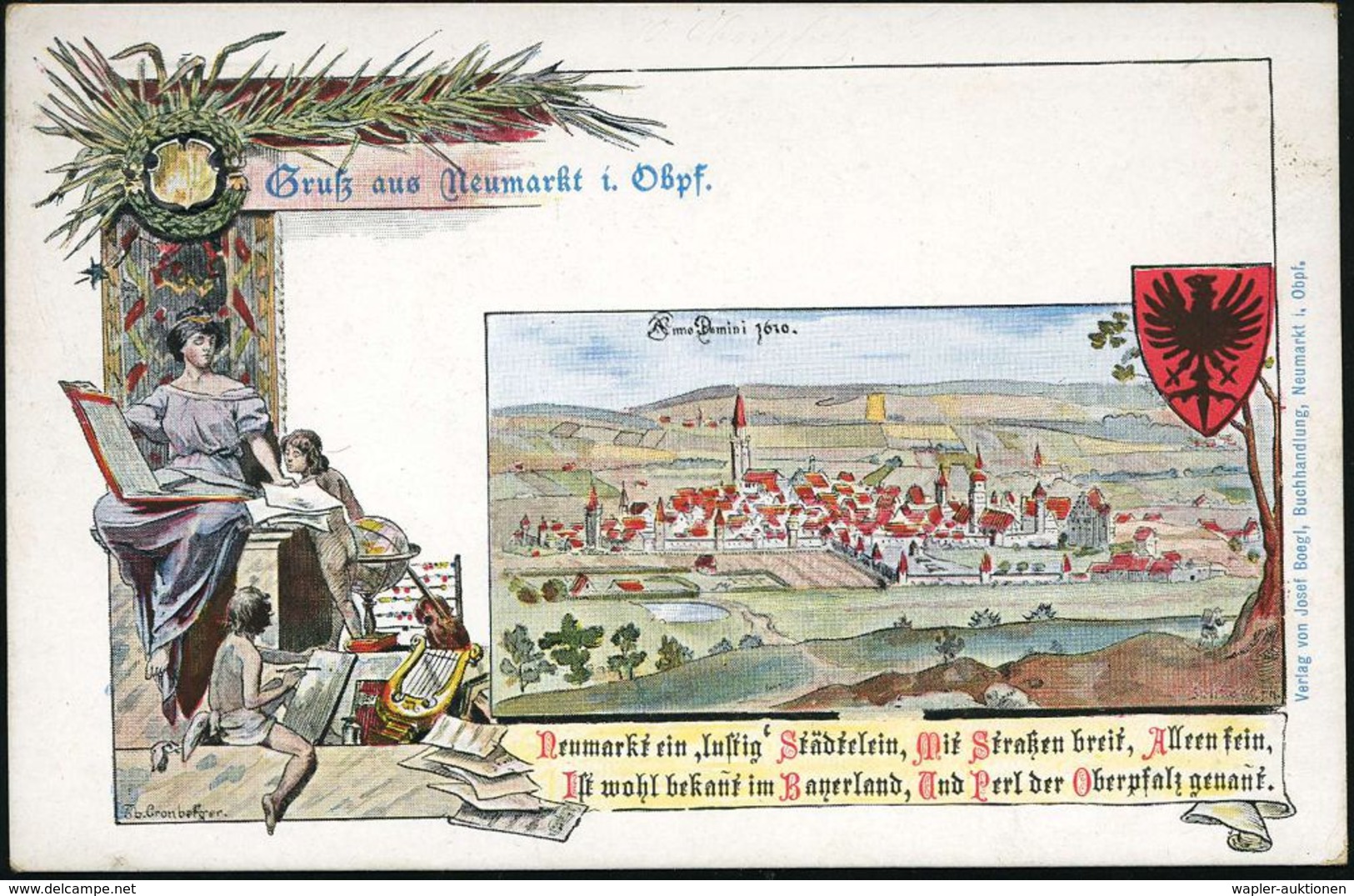 Neumarkt I.Obpf. 1910 (ca.) PP 5 Pf. Wappen Grün: Gruss Aus..: Neumarkt Anno Domini 1610 (histor.Ort) U. Wappen, Allegor - Informatique