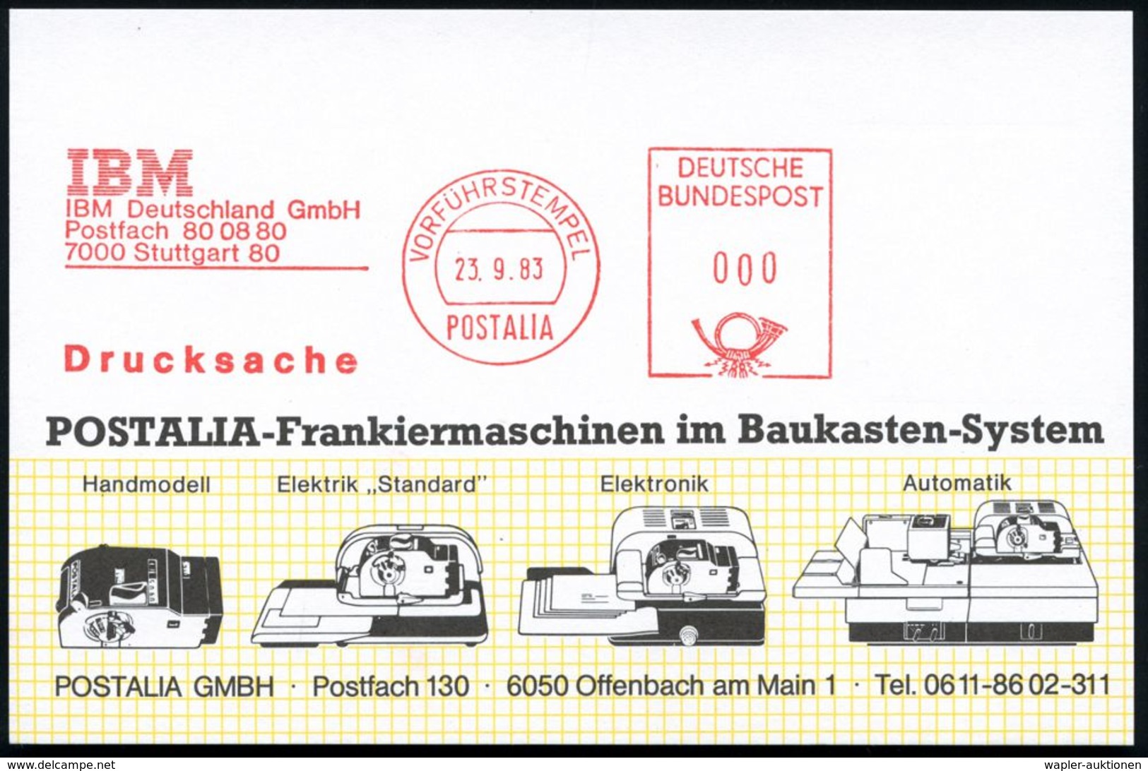 7000 Stuttgart 80 1983 (23.9.) AFS.: VORFÜHRSTEMPEL/POSTALIA/ I B M/IBM Deutschland GmbH.. , Seltene Postalia-Musterkart - Informatik