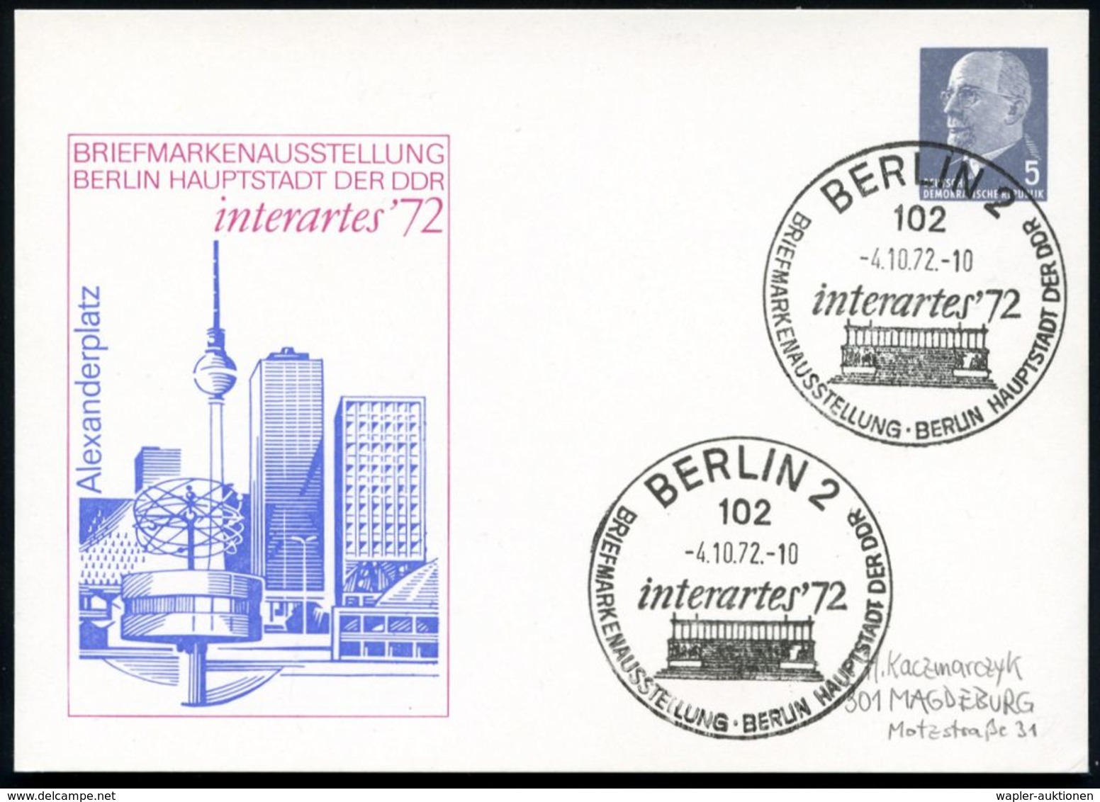 102 BERLIN 2/ Interartes'72.. 1972 (4.10.) SSt = Pergamon-Altar Auf Passender PP 5 Pf. Ulbricht, Graun: Interartes '72 = - Uhrmacherei