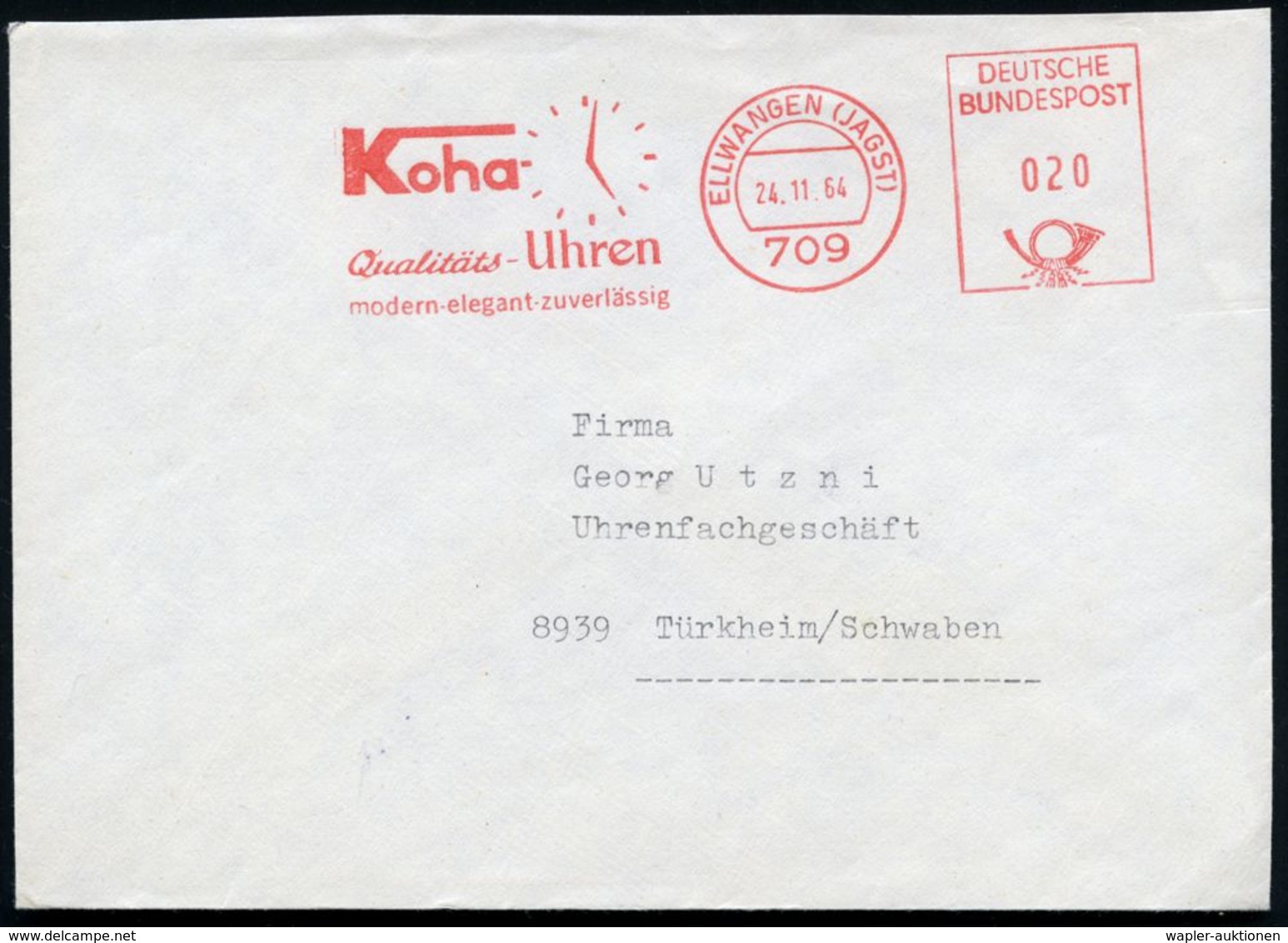 709 ELLWANGEN (JAGST)/ Koha/ Qualitäts-Uhren.. 1964 (24.11.) AFS = Zifferblatt . Klar Gest. Inl.-Bf. (Dü.E-26B) - UNRRA, - Horlogerie