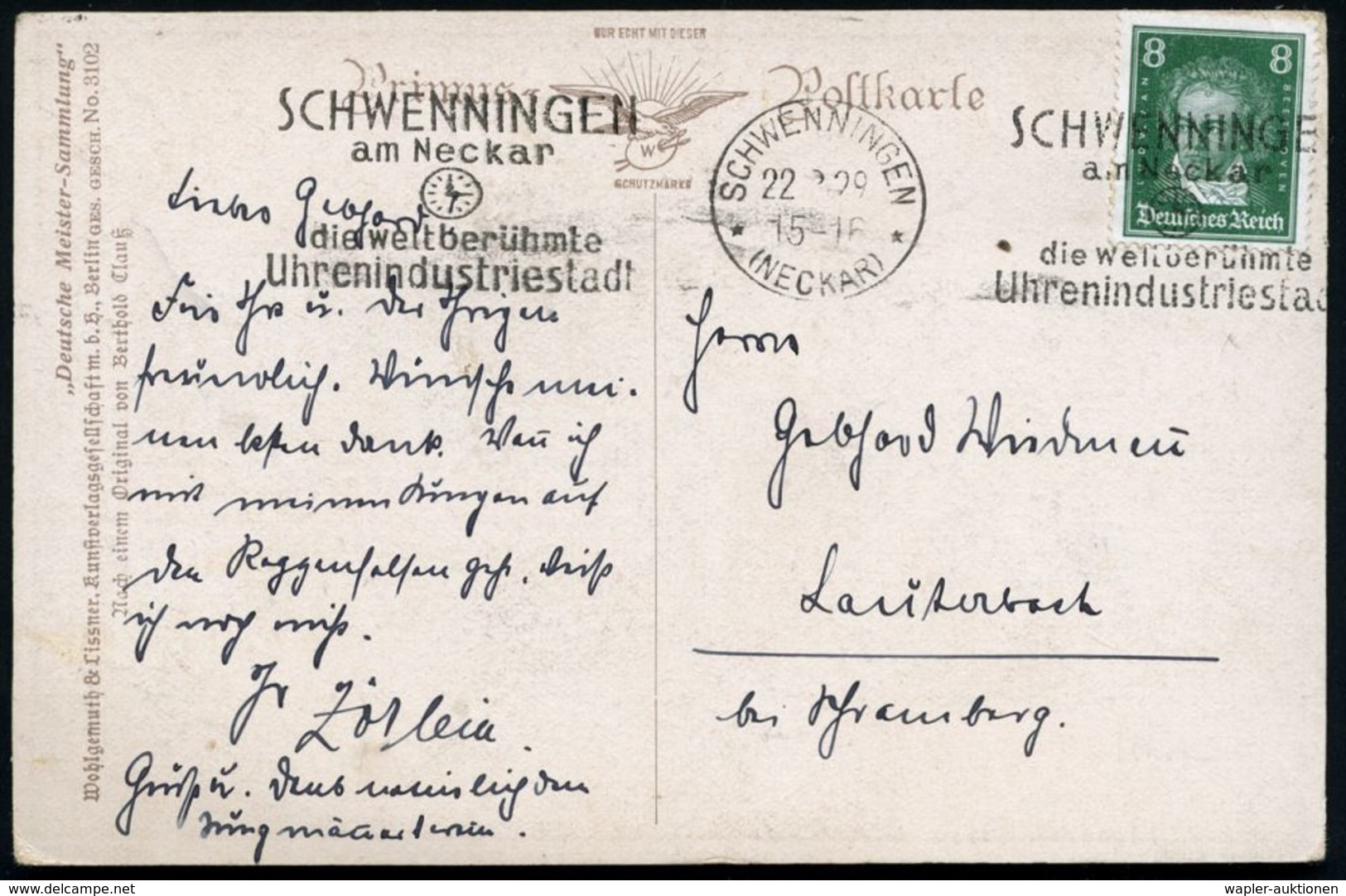 SCHWENNINGEN/ *(NECKAR)*/ Die Weltberühmte/ Uhrenindustriestadt 1929 (22.3.) MWSt Mit 2 Gleichen Texten = Je  U H R , Kl - Uhrmacherei