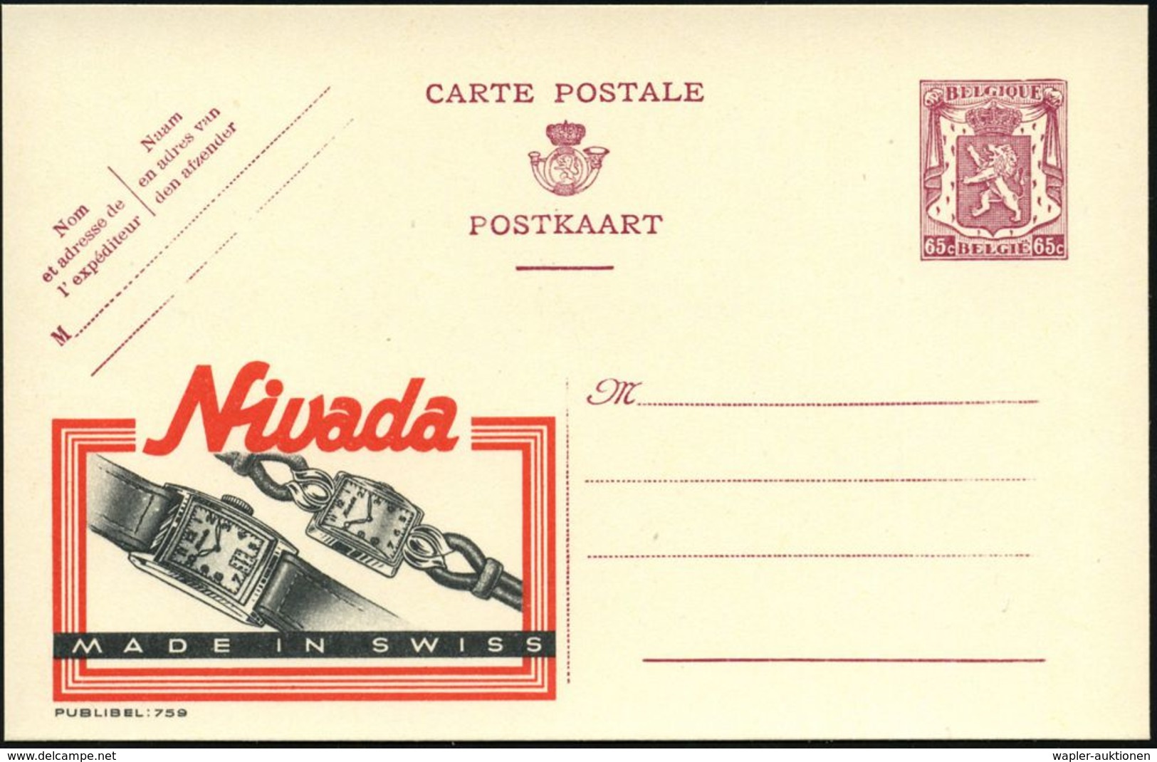 BELGIEN 1946 65 C. Reklame-P., Lila: Nivada, MADE IN SWISS (2 Armbanduhren) Französ. Titel Oben, Ungebr. (Mi.P 220 A I/7 - Horlogerie