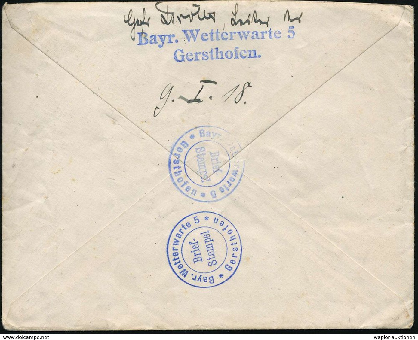 GERSTHOFEN 1918 (9.6.) Bayer. 2K + Viol. 2K-HdN: Bayr. Wetterwarte 5/ Gersthofen (desgl. 2x Rs.) + Rs. 2L, Klar Gest Fel - Climat & Météorologie