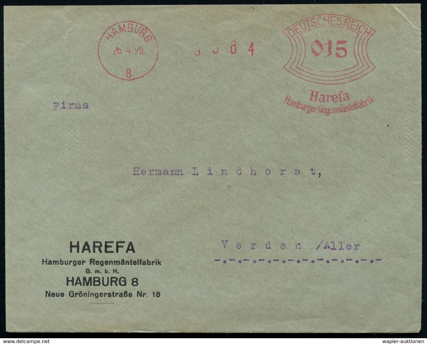 HAMBURG/ 8/ Harefa/ Hamburger Regenmäntelfabrik 1929 (26.4.) AFS Auf Firmen-Bf.: HAREFA.. (Dü.E-1BAm, Gr. Zähnlnr.!) - W - Climat & Météorologie