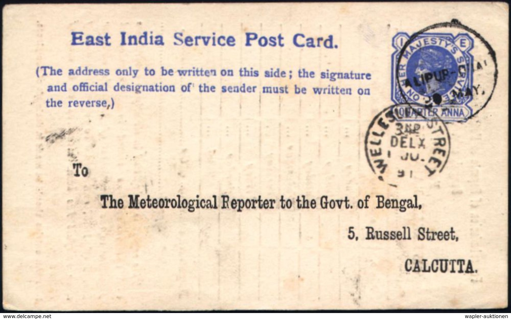 INDIEN 1891 (20.5.) 1/4 A. Victoria Dienst-P., Blau: Form D/Meteorological Reporter Govt. Of Bengal/ WEEKLY RAINFALL REP - Clima & Meteorología