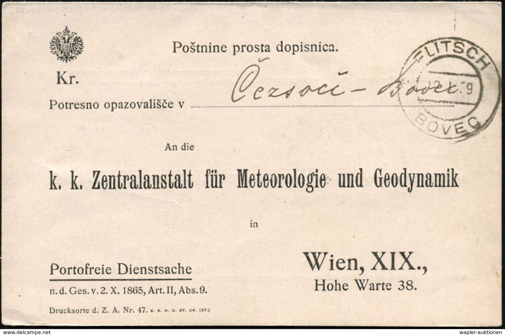 ÖSTERREICH 1909 (10.1.) 2K: FLITSCH/BOVEC Auf Portofreier Klapp-Kt.: K.k. Zentralanstalt Für Meteorologie U. Geodynamik  - Climat & Météorologie