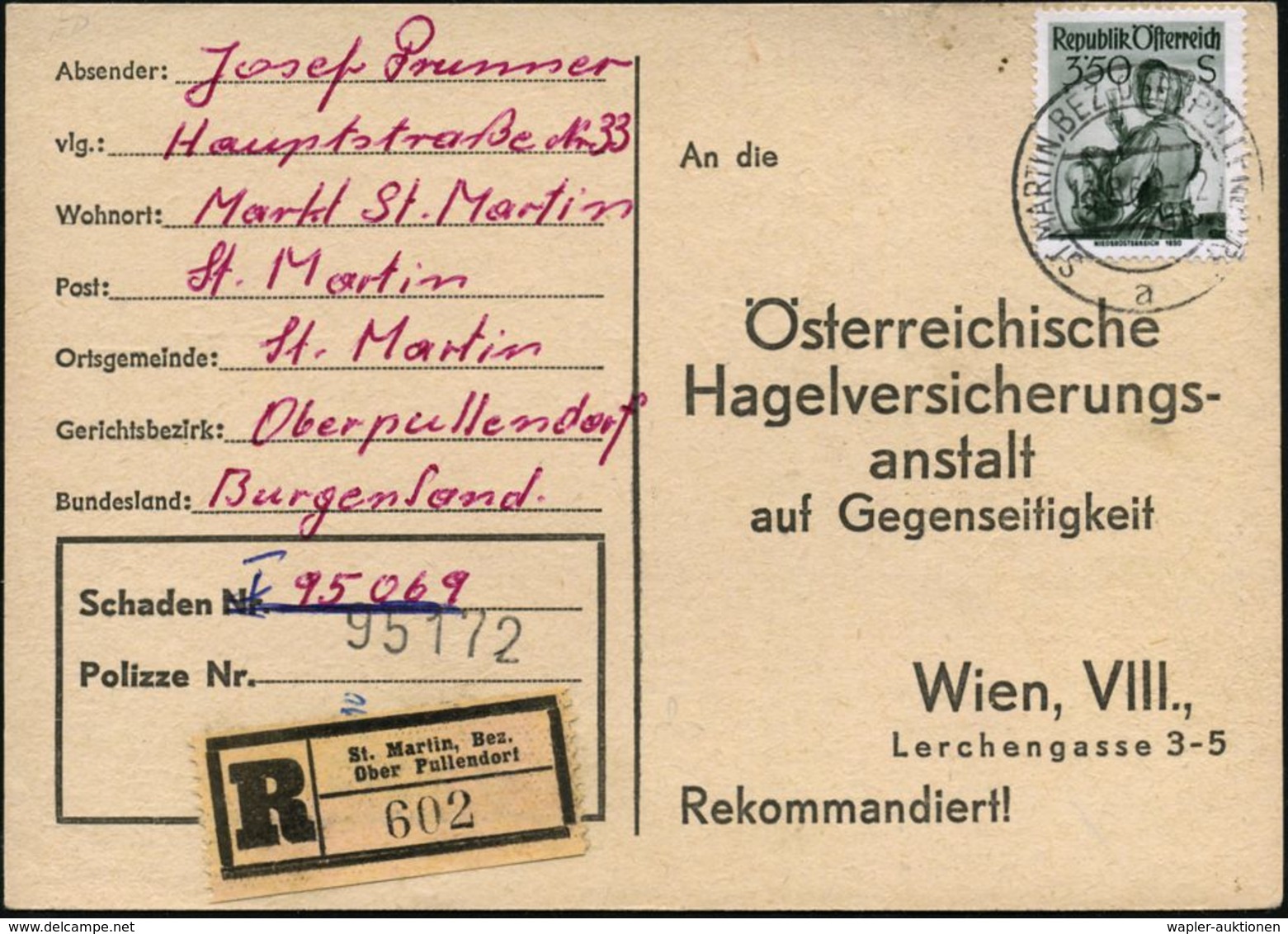 ÖSTERREICH 1960 (Aug.) 3,50 S. Trachten, EF Auf Vordr.Kt.: Österr. Hagelversichrunganstalt Wien = Hagelschaden-Meldekart - Climat & Météorologie