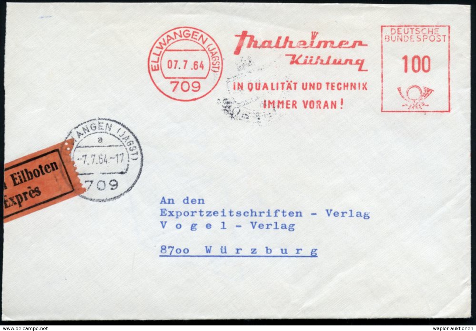 709 ELLWANGEN (JAGST)/ Thalheimer/ Kühlung.. 1964 (7.7.) AFS 100 Pf. Auf (links Verkürztem) Fern-Eil-Bf., Rs. AS. (Dü.E- - Sin Clasificación