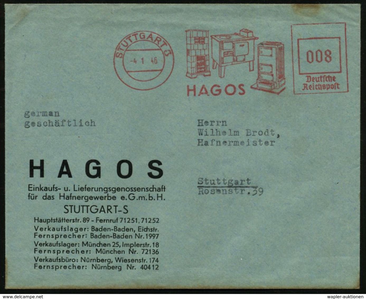 STUTTGART 3/ HAGOS 1946 (4.1.) Seltener, Aptierter AFS = NS-Adler Entfernt = Kachel- U. Guß-Ofen, Kochmaschine (Bf. Kl.  - Non Classés