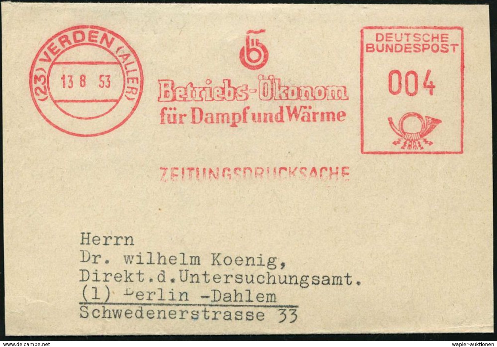 (23) VERDEN (ALLER)/ Betriebs-Ökonom/ Für Dampf U.Wärme 1953 (13.8.) AFS (Logo) Auf Miniatur-Faltbf Mit Inhalt (innen Ge - Non Classés