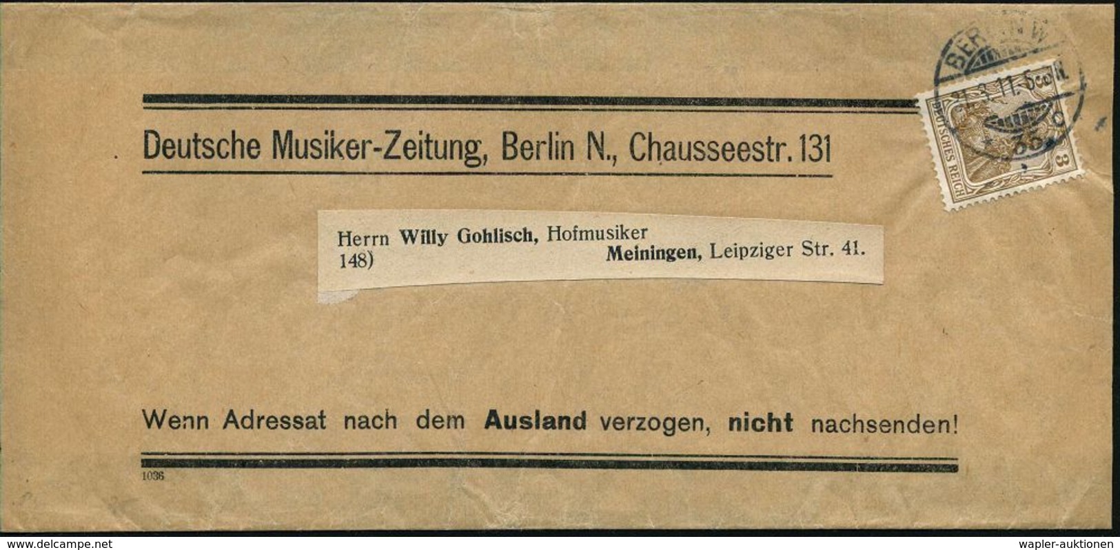 BERLIN W/ *35c 1911 (3.11.) 1K-Gitter Auf Zeitungs-Sb: Deutsche Musiker-Zeitung , EF 3 Pf. Germania , N. Meiningen (Mi.8 - Musique
