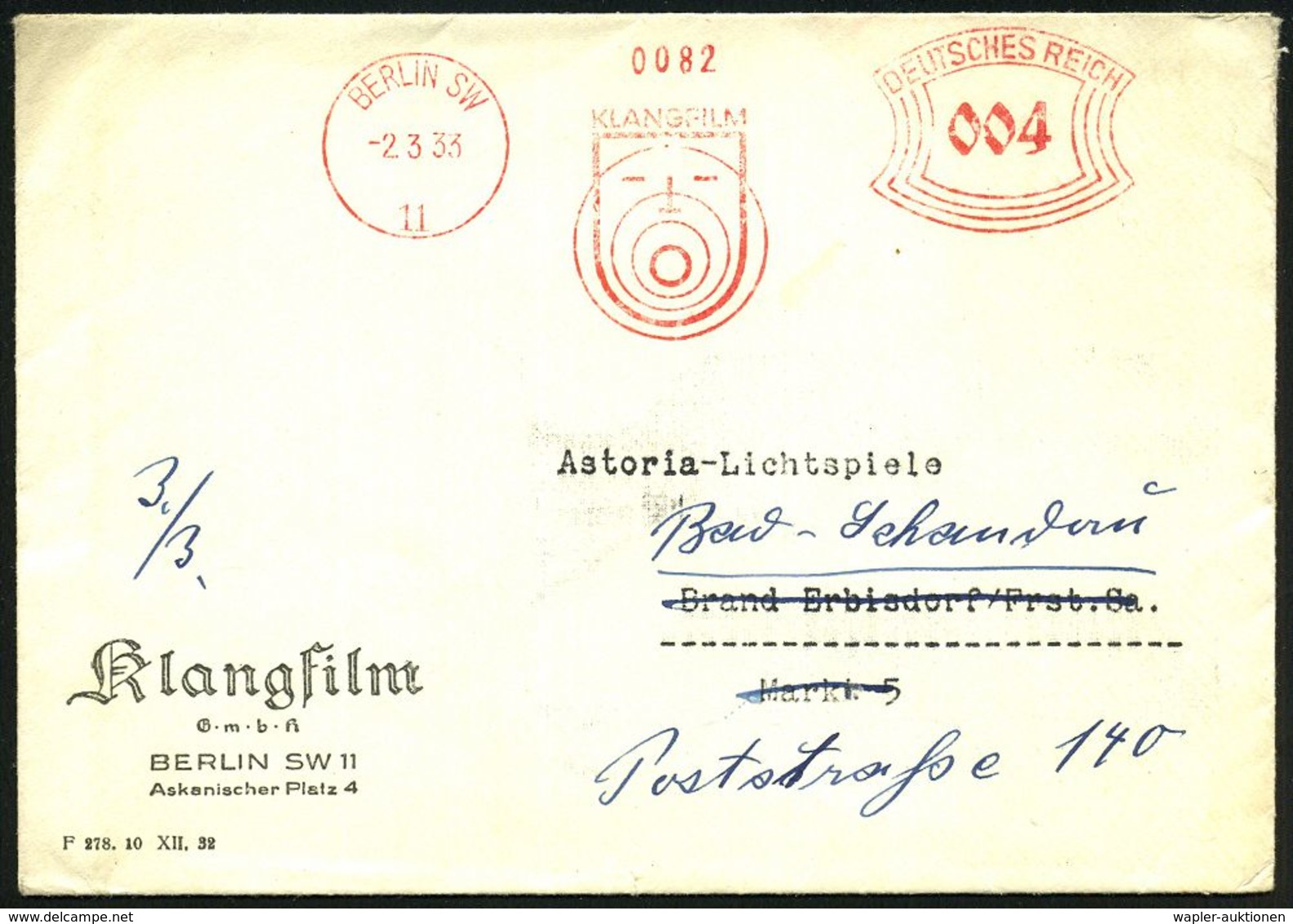 BERLIN SW11/ KLANGFILM 1933 (2.3.) Dekorativer  AFS (Logo: Stilis. Lautsprecher Mit Klangwellen) Nachgesandter Inl.-Bf.  - Musik