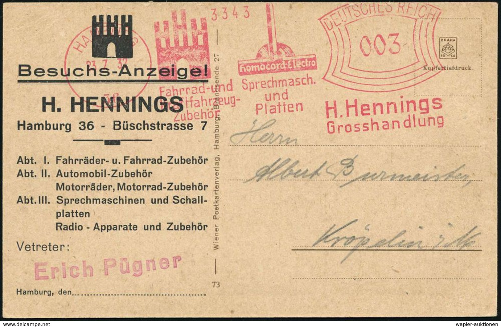 HAMBURG/ 36/ Fahrrad-u./ Kfz.-/ Zubehör/ Homocord-Electro/ Sprechmasch./ U./ Platten/ H.Hennings 1932 (23.7.) AFS = Scha - Musique