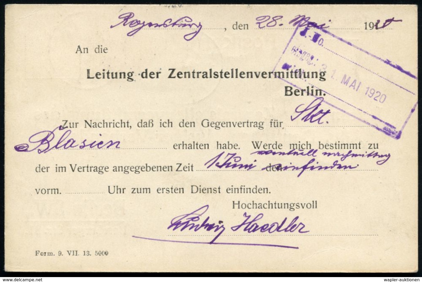 REGENSBURG 1/ */ 4 1920 (28.5.) Bayer. 2K Auf Vordr.-Kt.: Zentralstellenvermittlung Des Allg. Deutschen Musiker-Verbande - Musique