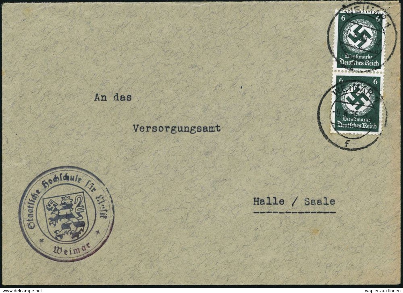 WEIMAR 1/ F 1935 (9.8.) 2K-Steg Auf Dienst 6 Pf. Paar + Viol. 3K-HdN: Staatliche Hochschule Für Musik/Weimar (thüring. W - Musique