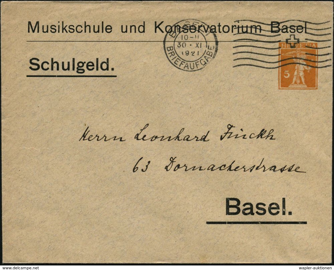 SCHWEIZ 1921 (30.11.) PU 5 C. Tellknabe, Orange: Musikschule U. Konservatorium Basel/ Schulgeld.. , MaWellenSt.: BASEL 1 - Musique