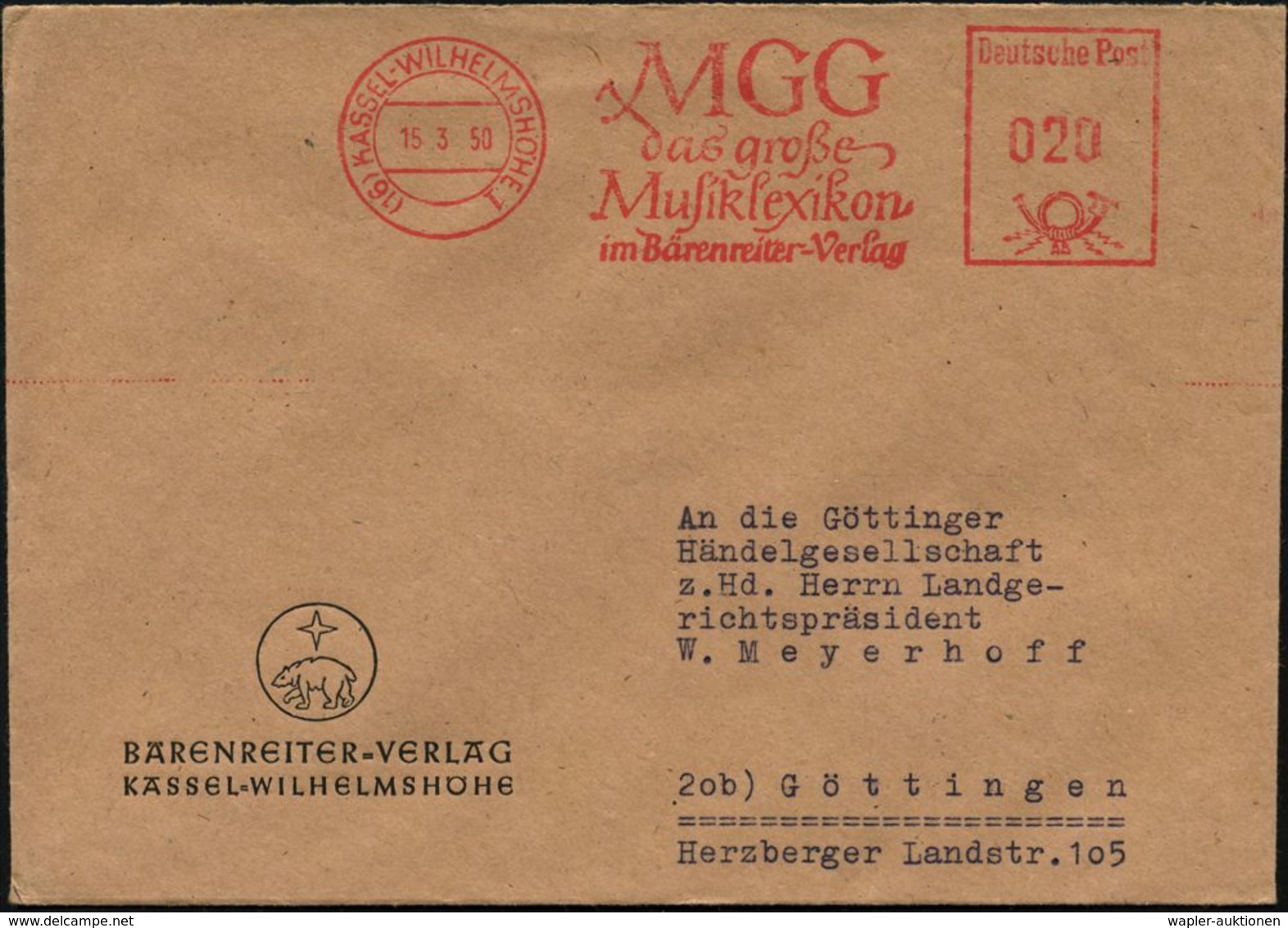 (16) KASSEL-WILHELMSHÖHE 1/ MGG/ Das Große/ Musiklexikon/ Im Bärenreiter-Verlag 1950 (15.3.) AFS Auf Dekorat. Firmen-Bf. - Musik