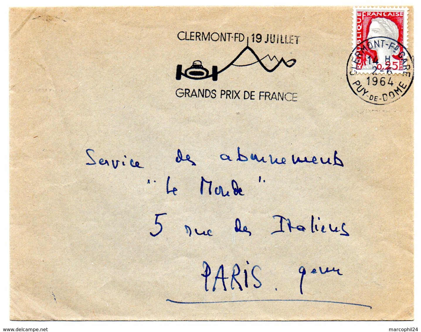 COURSE AUTOMOBILE = 63 CLERMONT-FERRAND GARE 1964 = FLAMME SECAP Illustrée ' GRANDS PRIX De FRANCE' - Mechanical Postmarks (Advertisement)