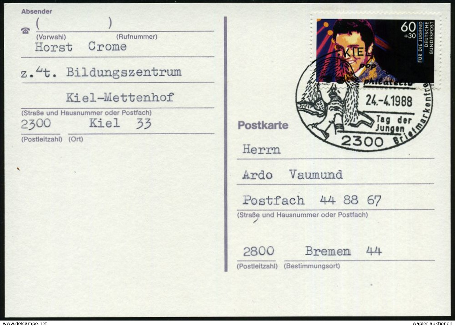 2300 KIEL 33/ Pop &/ Philatelie.. 1988 (24.4.) SSt = Langhaariger Rocksänger (mit Mikrofon) Auf EF 60 Pf.+ 30 Pf. Elvis  - Musique