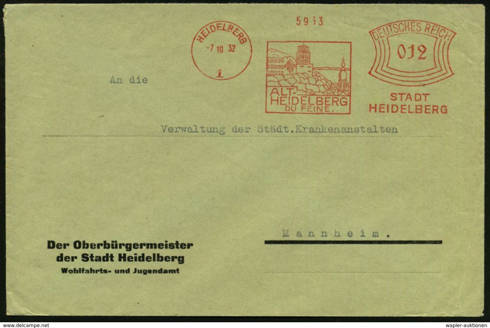 HEIDELBERG/ 1/ ALT-/ HEIDELBERG/ DU FEINE/ STADT/ HEIDELBERG 1932 (7.10.) AFS = Anfang Eines Liedtextes = Heidelberger S - Musique