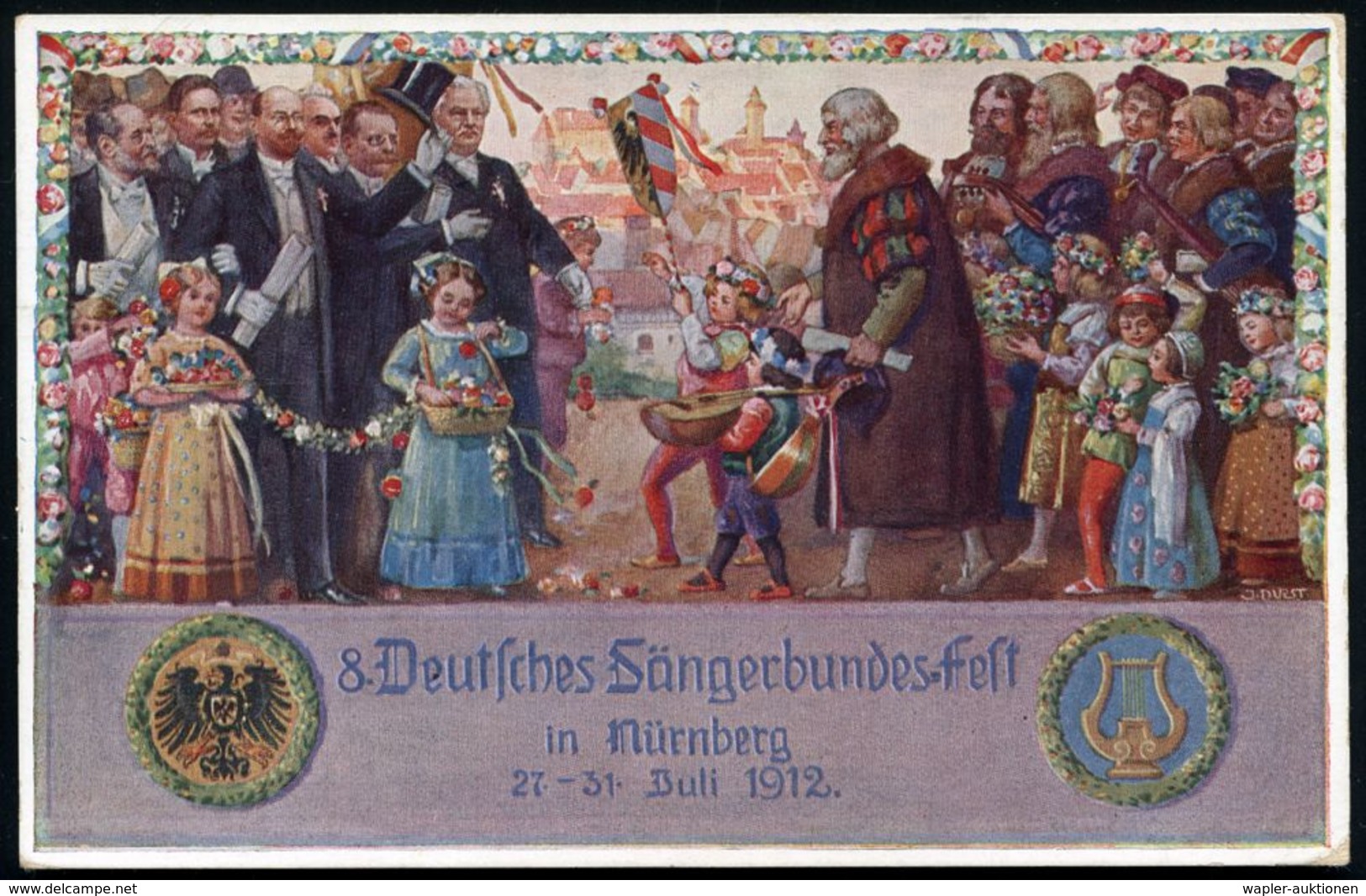 NÜRNBERG 2 BP 1912 (29.7.) 1K. Auf PP 5 Pf. Luitpold, Grün: VIII. Deutsches Sängerbundesfest = Hans Sachs U.a., Kinder M - Musique