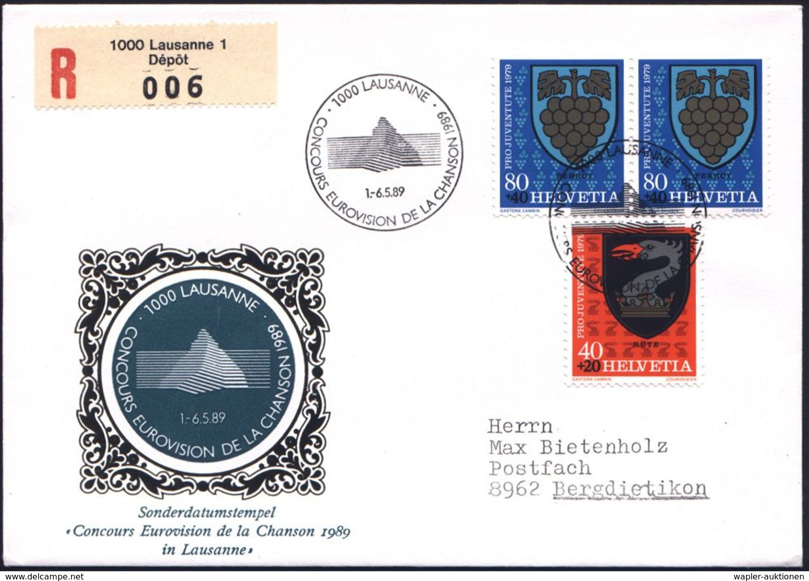 SCHWEIZ 1989 (Mai) SSt.: 1000 LAUSANNE/CONCOURS EUROVISION DE LA CHANCON (Akustik-Logo) + RZ: 1000 Lausanne 1/Dép&ocirc; - Musique