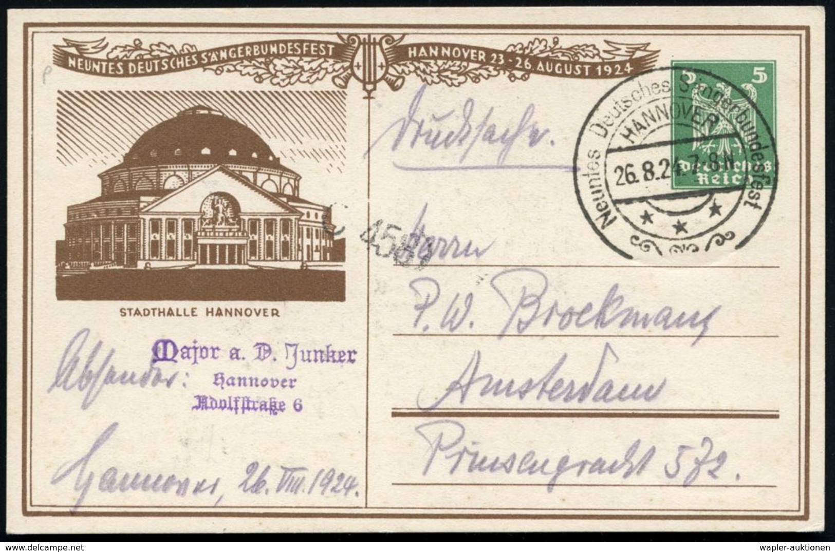 HANNOVER/ ***/ Neuntes Deutsches Sängerbundesfest 1924 (26.8.) SSt Auf PP 5 Pf. Adler, Grün: "Vaterland",  Singweise: De - Musique