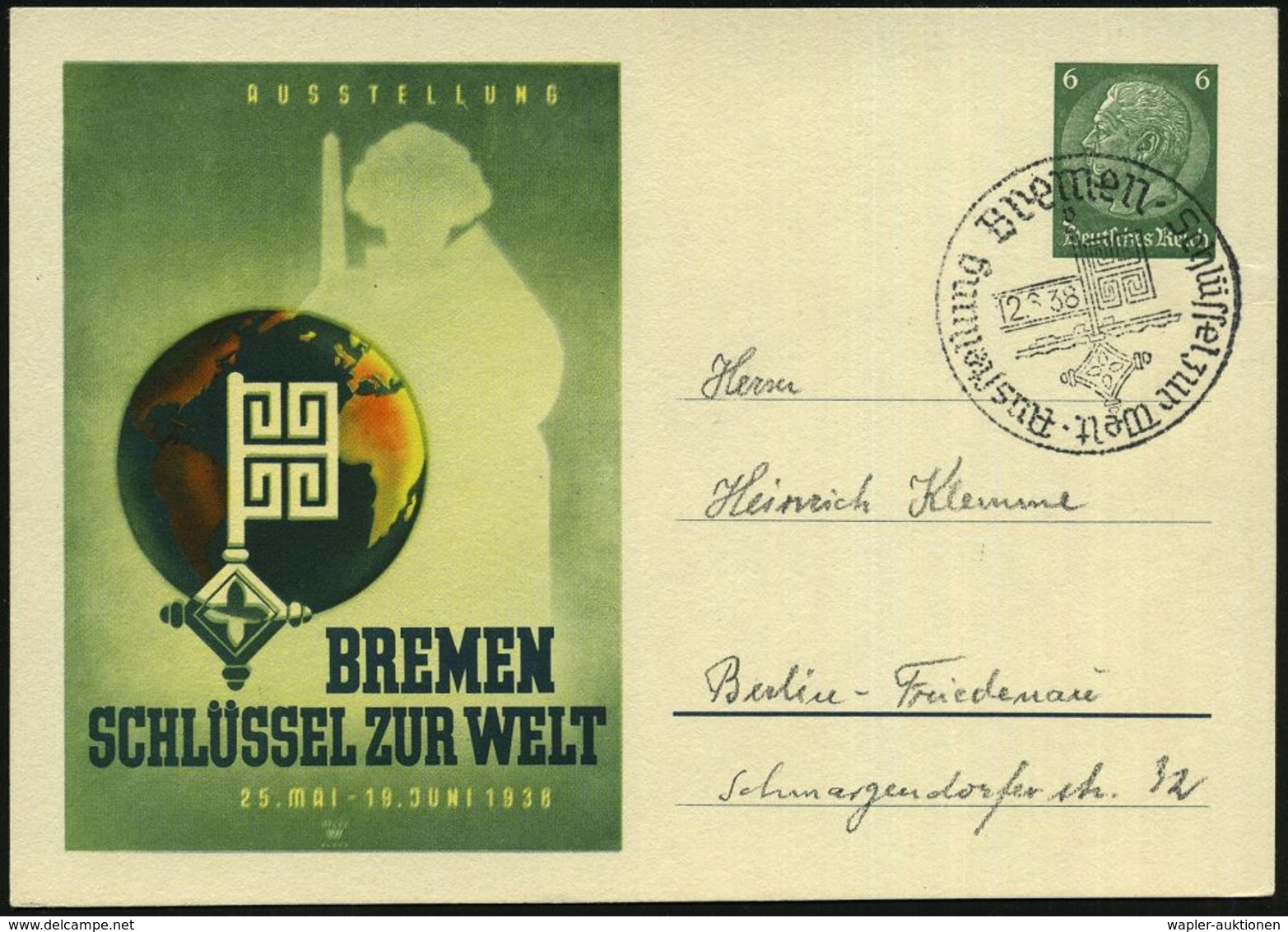 Bremen/ B/ Ausstellung Schlüssel Zur Welt 1938 (12.6.) SSt (Schlüssel) Auf PP 6 Pf. Hindenbg. Grün: Roland, Schlüssel, G - Musique