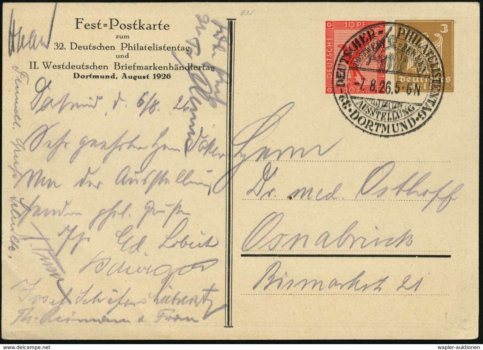 DORTMUND/ 32.DEUTSCHER PHILATELISTENTAG.. 1926 (7.8.) Seltener SSt = Roland Klar Auf PP 10 Pf. Stein-Adler + 3 Pf. Wappe - Musique