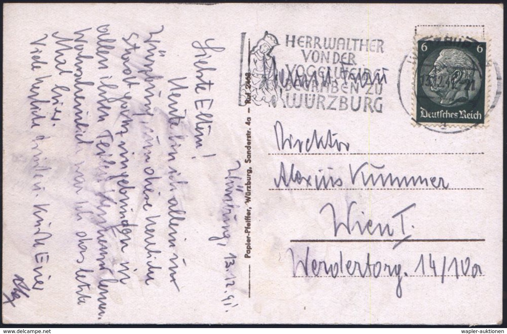 WÜRZBURG 2/ A/ HERR WALTHER/ VON DER/ VOGELWEIDE/ BEGRABEN ZU/ WÜRZBURG 1942 (13.12.) MWSt = Walther V.d.Vogelweide, Kla - Musique