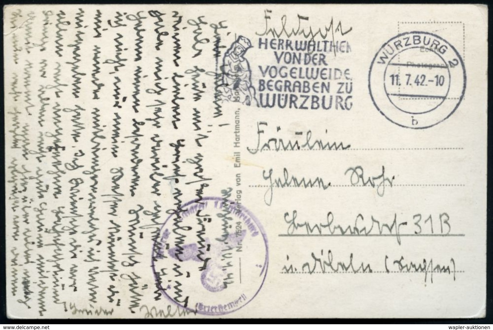 WÜRZBURG 2/ B/ HERR WALTHER/ VON DER/ VOGELWEIDE.. 1942 (11.7.) MWSt Mit UB "b" = Walther Von Der Volgelweide (aus Buch- - Musique