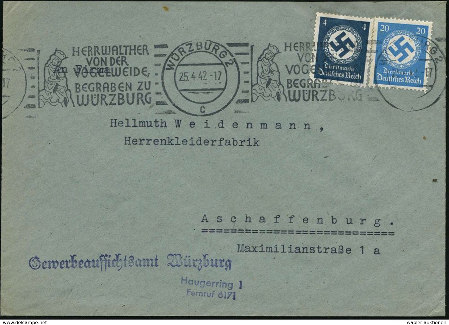 WÜRZBURG 2/ C/ HERR WALTHER/ VON DER/ VOGELWEIDE... 1942 (25.4.) BdMWSt = Walther Von Der Vogelweide (nach Buchmalerei)  - Musique