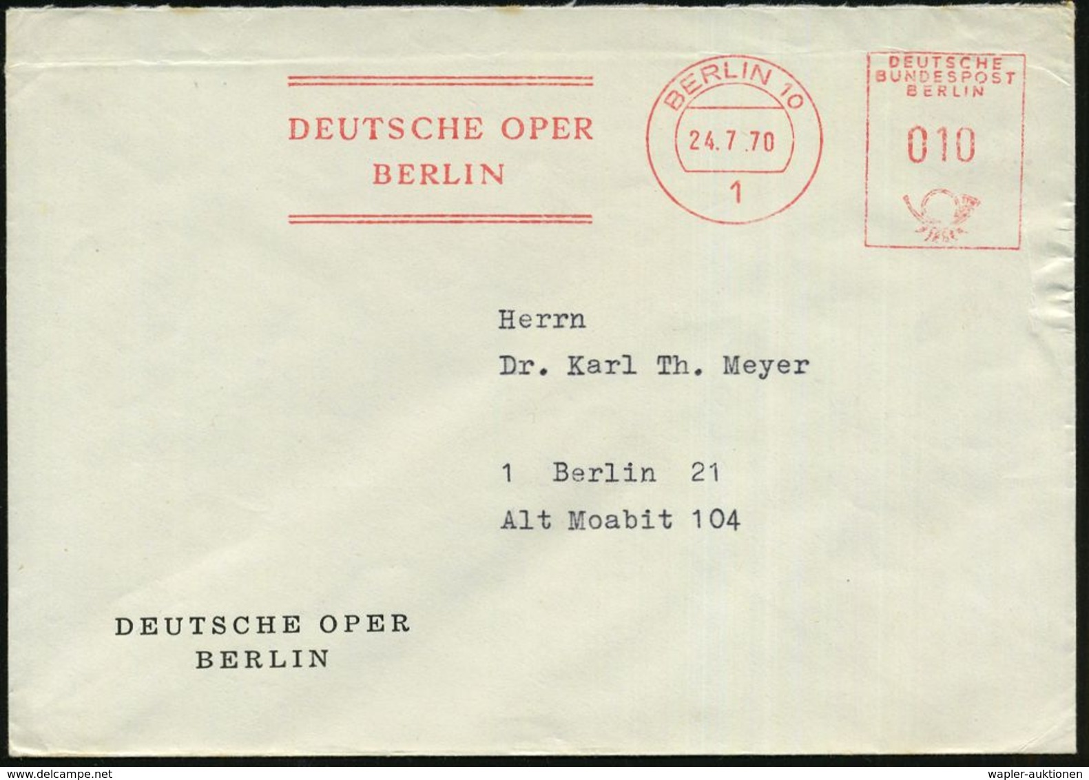 1 BERLIN 10/ DEUTSCHE OPER.. 1970 (24.7.) AFS Auf Vordr.-Bf.: DEUTSCHE OPER = West-Berlin (Dü.E-27) - Sowjetische Raumfa - Music