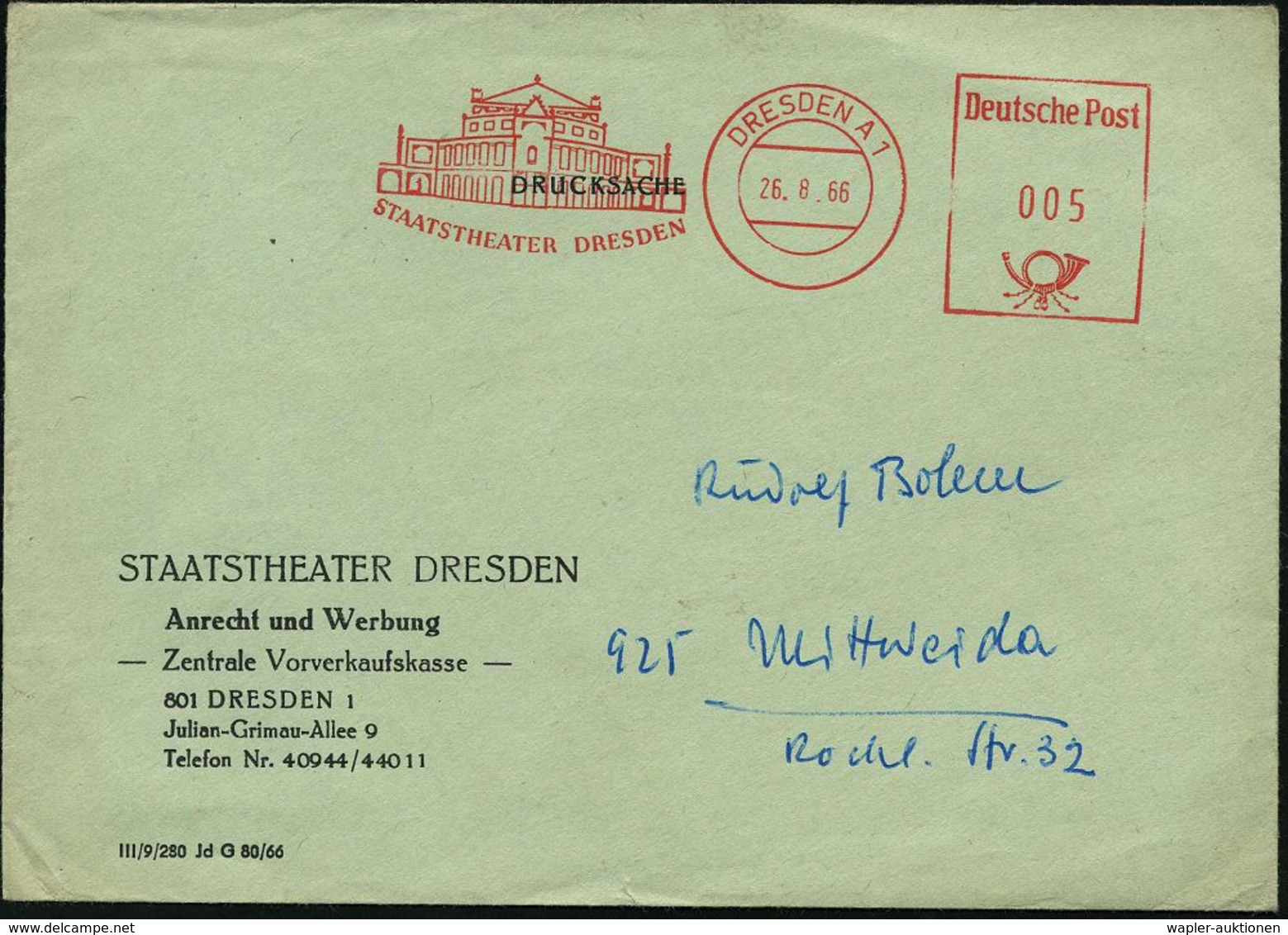 DRESDEN A 1/ STAATSTHEATER DRESDEN 1966 (26.8.) AFS Ohne PLZ = "Semper"-Oper Klar Auf Dienst-Bf. (Postalia) - Sowjetisch - Música