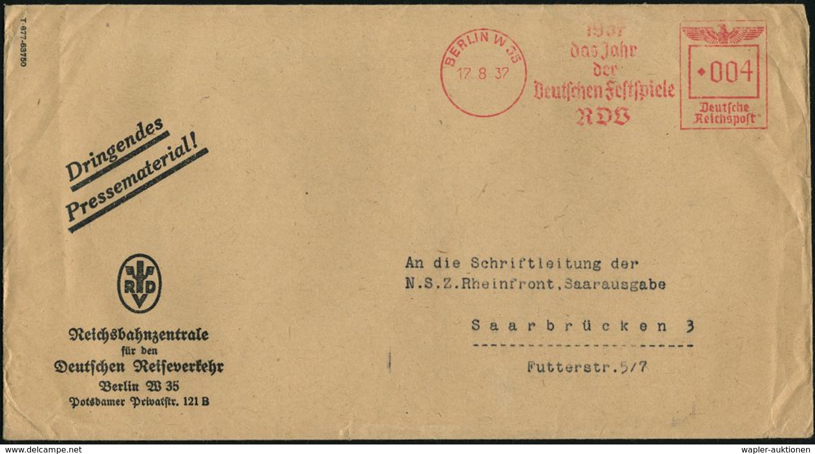 BERLIN W 35/ 1937/ Das Jahr/ Der/ Deutschen Festspiel/ RDV 1937 (17.8.) Seltener AFS (= Opern-Festspiele) Dienst-Bf.: RD - Musique