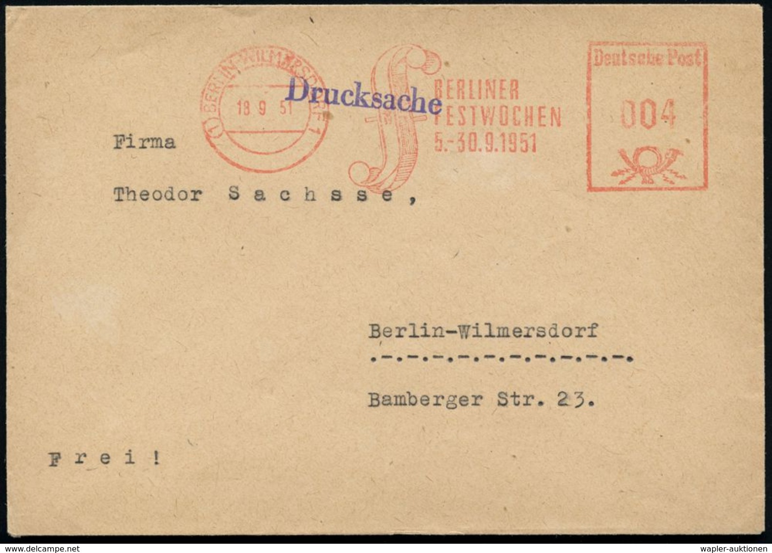 (1) BERLIN-WILMERSDORF 1/ BERLINER/ FESTWOCHEN/ 5.-30.9. 1951 (Sept.) Seltener AFS = Bass-Schlüssel (mit Flaggen) Kommun - Musique