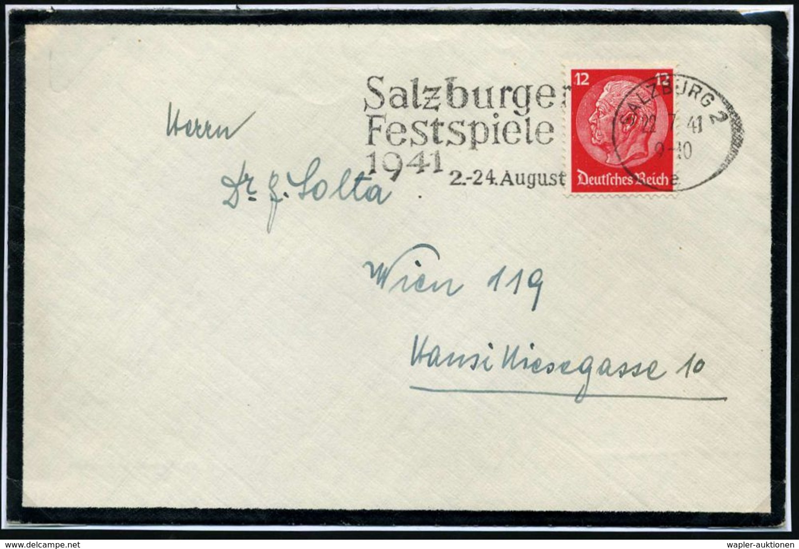 SALZBURG 2/ A/ Salzburger/ Festspiele/ ..2.-24.Aug. 1941 (22.7.) Seltener MWSt , Klar Gest. Inl.-Trauer-Bf.!  (Bo.12 A)  - Musique