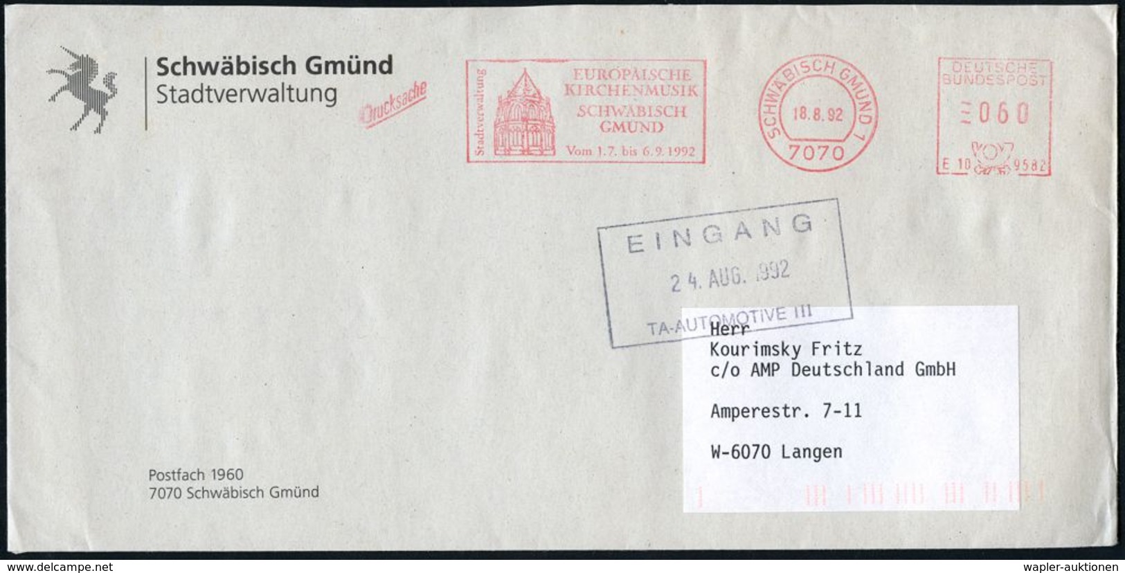 7070 SCHWÄB.GMÜND 1/ E10 9582/ EUROP./ KIRCHENMUSIK/ ..Vom 1.7. Bis 6.9. 1992 (18.8.) Seltener AFS (Kirche) Kommunal-Bf. - Musik