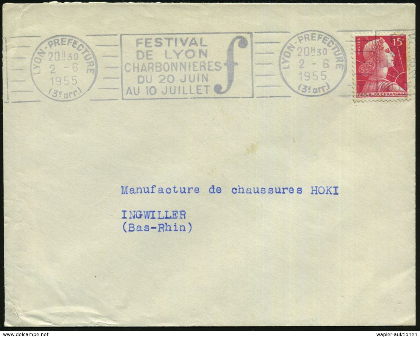 FRANKREICH 1955 (2.6.) BdMWSt: LYON-PREFECTURE/FESTIVAL/DE LYON/CHARBONNIERES (= Bass-Schlüssel) Klar Gest. Inl.-Bf. - S - Musik