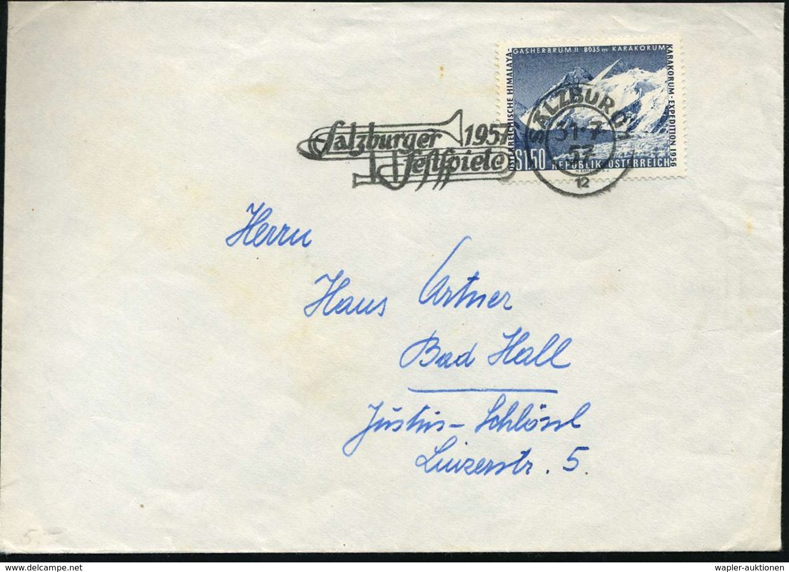 ÖSTERREICH 1957 (31.7.) FaWSt: SALZBURG 1/12/Salzburger/Festspiele (Posaune) Klar Gest. Ausl.-Bf.  - Sowjetische Raumfah - Musique