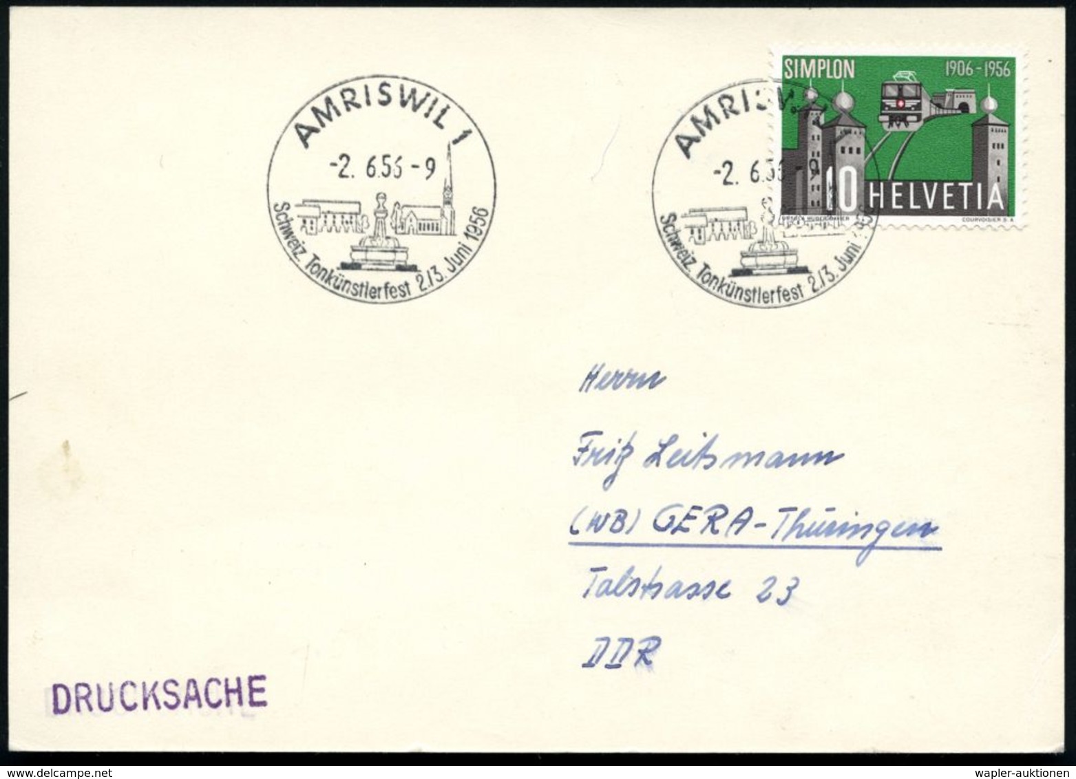 SCHWEIZ 1956 (2.6.) SSt.: AMRISWIL 1/Schweiz. Tonkünstlerfest (Ortsbild M.Brunnen) Klar Gest. Ausl.-Karte  (Pen.S 405) - - Musique