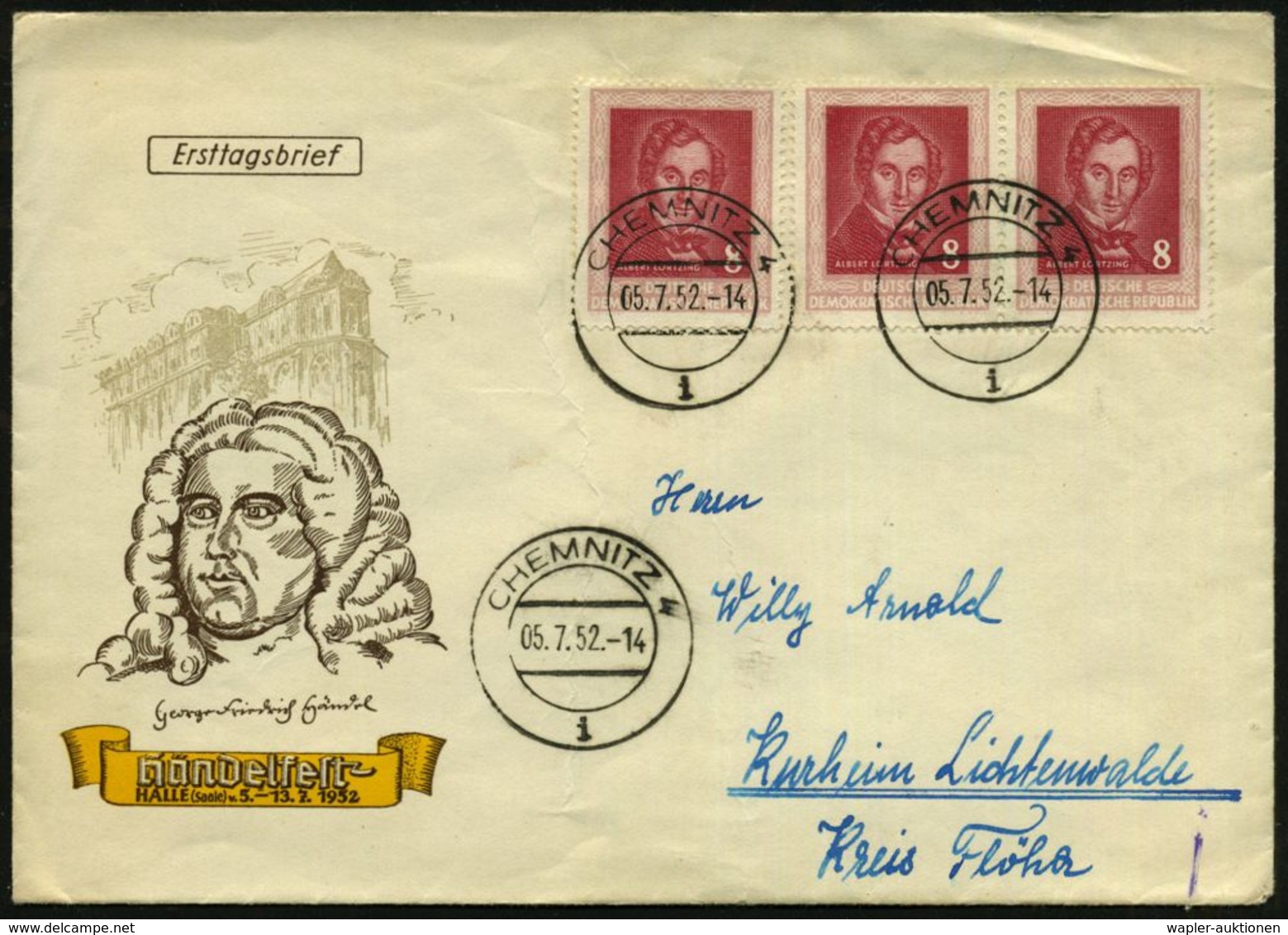 D.D.R. 1952 (5.7.) 8 Pf. Albert Lortzing, Reine MeF: 3 Stück , Klar Gest. (CHEMNITZ 4) Bedarfs-FDC-SU.: Händelfest (Bf.  - Musique