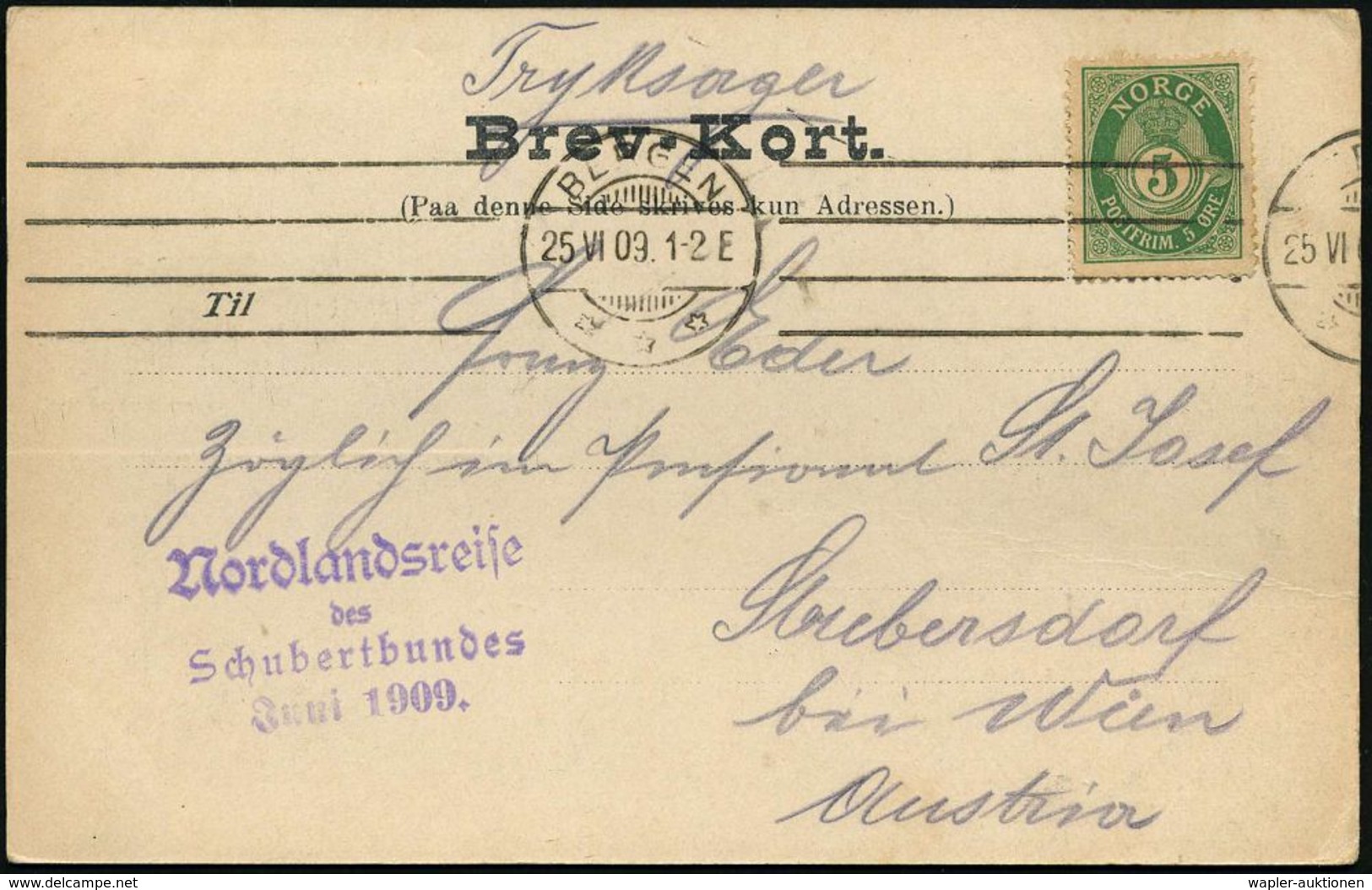 NORWEGEN 1909 (Juni) Viol. 4L: Nordlandreise/des/Schubertbundes/Juni 1909 Auf Norweg. Color-Ak.: Fantoft Skavekirke, Kla - Musique