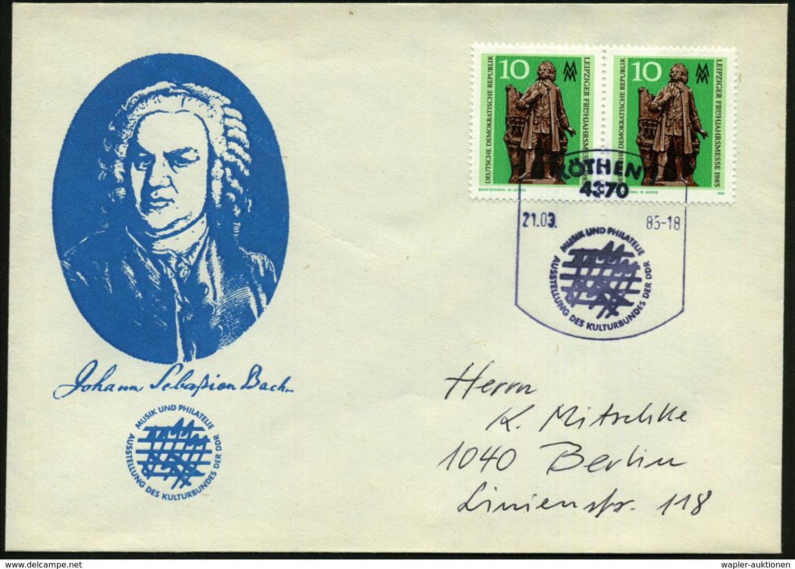 4370 KÖTHEN 1/ MUSIK UND PHILATELIE.. 1985 (21.3.) SSt = Bach-Noten Auf Paar 10 Pf. Bach-Denkmal, Leipzig, Klar Gest. Ba - Musique