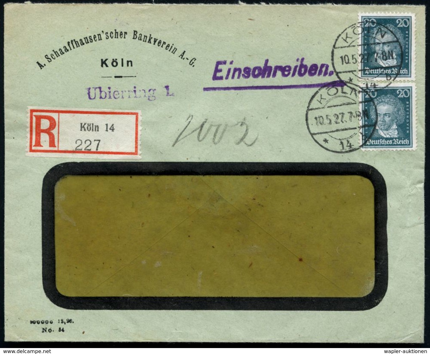 DEUTSCHES REICH 1927 (19.2.) 20 Pf. Beethoven, Reine MeF: 2 Stück , 1K-Brücke + RZ: Köln 14, Klar Gest. Inl.-R-Bf.  (Mi. - Musique